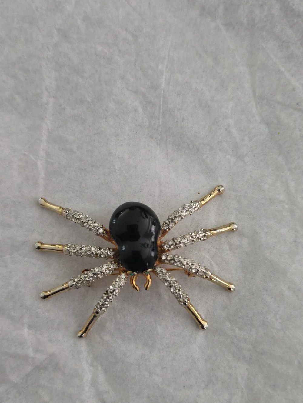 Vintage Gold and Black Spider Brooch with Crystal Legs - Women's Jewelry
